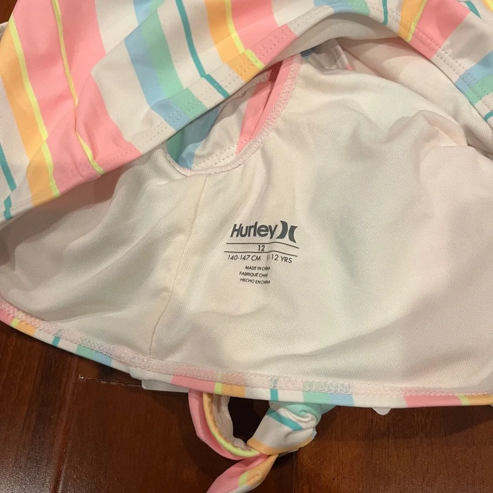 Hurley Girls Bikini Swim Set Two Piece Pale Ivory Pastel Multi Stripe Kids Sz 12